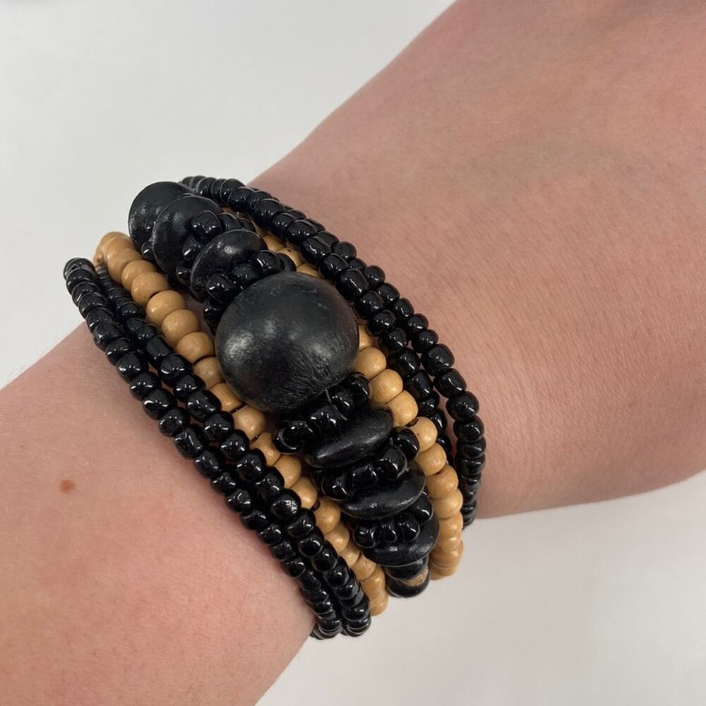 Handmade tribal wooden beaded memory wire cuff bracelet